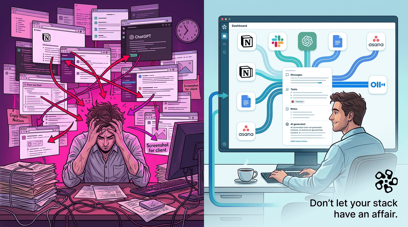 Split-screen illustration: stressed professional drowning in disconnected AI tools on the left versus calm professional using a single unified Springbase dashboard on the right